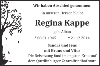 Traueranzeige von Regina Kappe von WVG - Wochenspiegel Quedlinburg