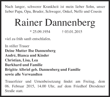 Traueranzeige von Rainer Dannenberg von Super Sonntag Wittenberg