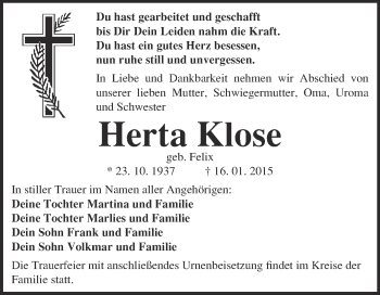 Traueranzeige von Herta Klose von Super Sonntag Wittenberg
