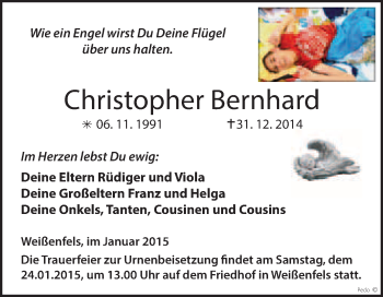 Traueranzeige von Christopher Bernhard von WVG - Wochenspiegel NMB / WSF / ZTZ