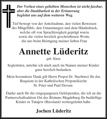 Traueranzeige von Annette Lüderitz von WVG - Wochenspiegel Dessau / Köthen