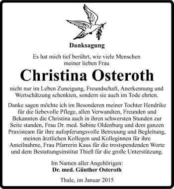 Traueranzeige von Christina Osteroth von Mitteldeutsche Zeitung Quedlinburg