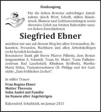 Traueranzeige von Siegfried Ebner von Super Sonntag Merseburg