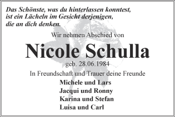 Traueranzeige von Nicole Schulla von Super Sonntag Bernburg
