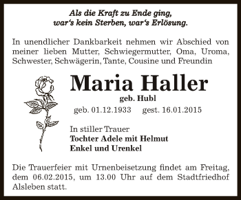 Traueranzeige von Maria Haller von Super Sonntag Bernburg