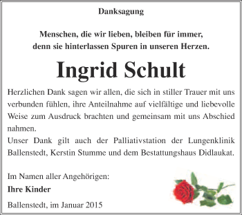Traueranzeige von Ingrid Schult von WVG - Wochenspiegel Quedlinburg