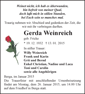 Traueranzeige von Gerda Weinreich von Super Sonntag SGH Mansf. Land