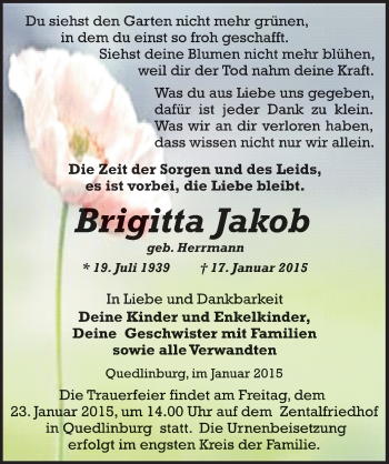 Traueranzeige von Brigitta Jakob von Mitteldeutsche Zeitung Quedlinburg