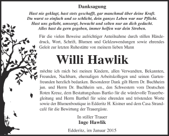 Traueranzeige von Willi Hawlik von WVG - Wochenspiegel Dessau / Köthen