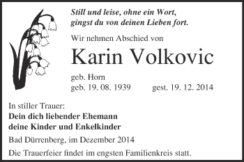 Traueranzeige von Karin Volkovic von Super Sonntag Merseburg