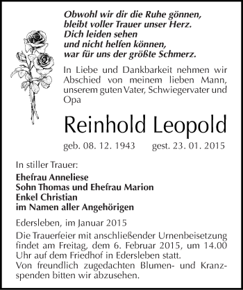 Traueranzeige von Reinhold Leopold von Mitteldeutsche Zeitung Sangerhausen