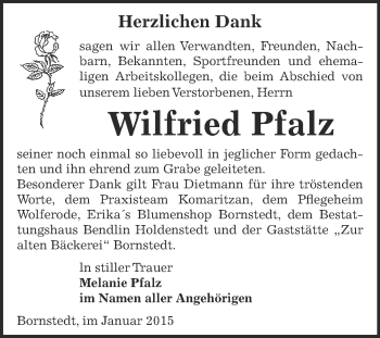Traueranzeige von Wilfried Pfalz von Wochenspiegel Mansfelder Land