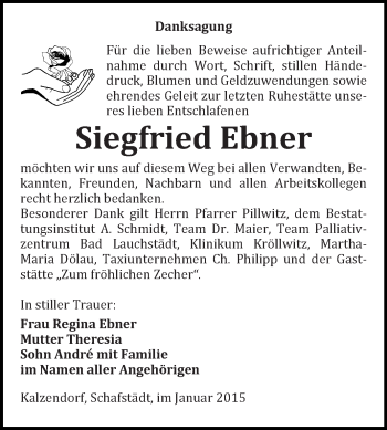 Traueranzeige von Siegfried Ebner von Super Sonntag Merseburg