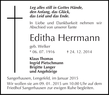 Traueranzeige von Editha Herrmann von Mitteldeutsche Zeitung Sangerhausen