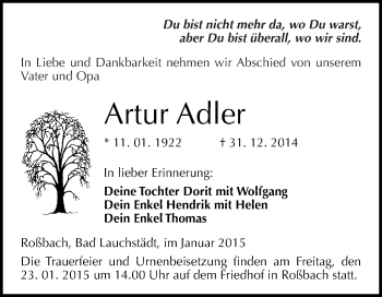 Traueranzeige von Artur Adler von WVG - Wochenspiegel Merseburg