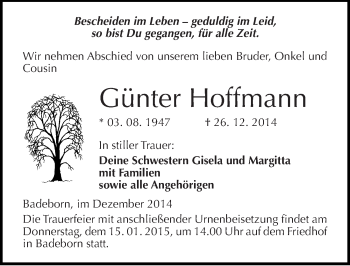 Traueranzeige von Günter Hoffmann von Mitteldeutsche Zeitung Quedlinburg