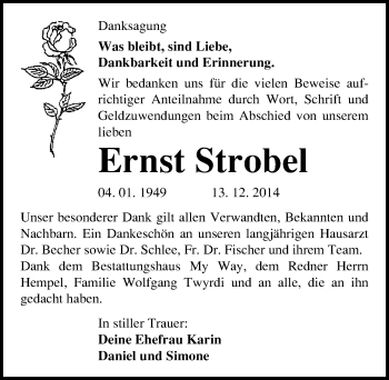 Traueranzeige von Ernst Strobel von Mitteldeutsche Zeitung Weißenfels