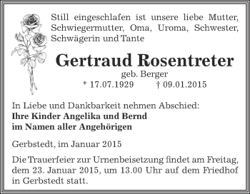 Traueranzeige von Gertraud Rosentreter von Super Sonntag SGH Mansf. Land