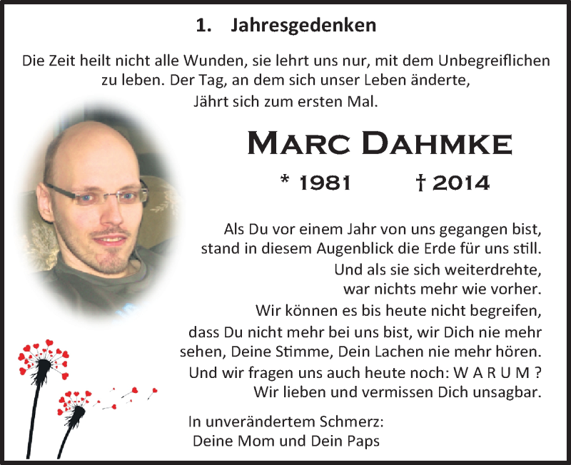  Traueranzeige für Marc Dahmke vom 28.01.2015 aus Mitteldeutsche Zeitung Halle/Saalkreis