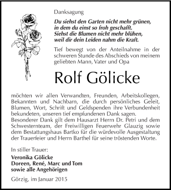 Traueranzeige von Rolf Gölicke von WVG - Wochenspiegel Dessau / Köthen