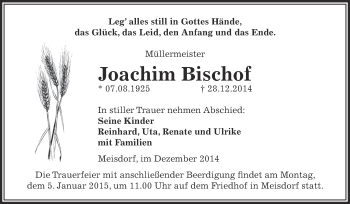 Traueranzeige von Joachim Bischof von Super Sonntag Aschersleben
