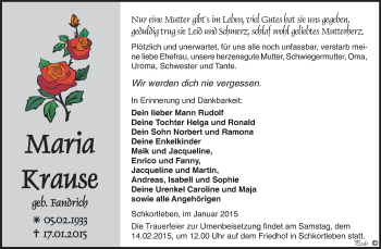 Traueranzeige von Maria Krause von WVG - Wochenspiegel NMB / WSF / ZTZ