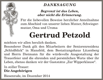 Traueranzeige von Gertrud Petzold von Super Sonntag SGH Mansf. Land