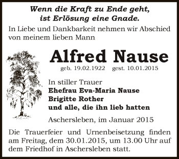 Traueranzeige von Alfred Nause von Super Sonntag Aschersleben