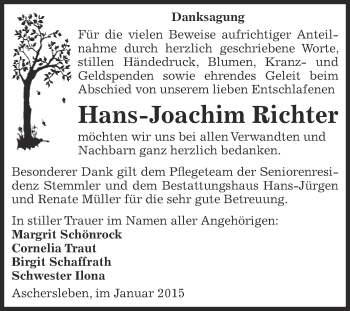 Traueranzeige von Hans-Joachim Richter von Super Sonntag Aschersleben