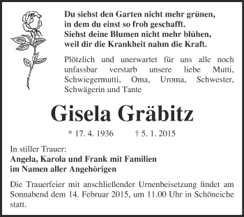 Traueranzeige von Gisela Gräbitz von WVG - Wochenspiegel Wittenberg