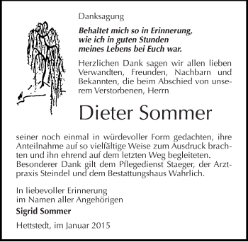 Traueranzeige von Dieter Sommer von Mitteldeutsche Zeitung Mansfelder Land