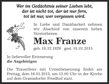 Traueranzeige von Max Franze von Super Sonntag Bernburg