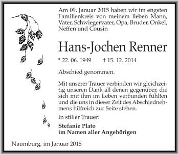 Traueranzeige von Hans-Jochen Renner von Mitteldeutsche Zeitung Naumburg/Nebra