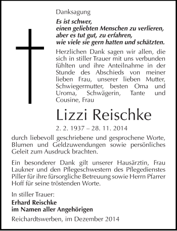 Traueranzeige von Lizzi Reischke von Mitteldeutsche Zeitung Weißenfels