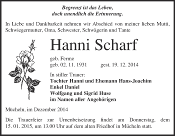 Traueranzeige von Hanni Scharf von WVG - Wochenspiegel Merseburg