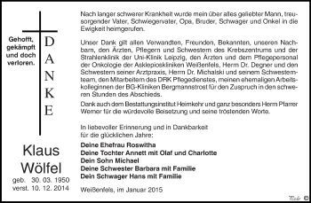Traueranzeige von Klaus Wölfel von WVG - Wochenspiegel NMB / WSF / ZTZ