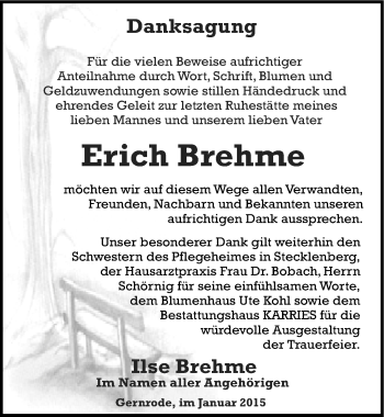 Traueranzeige von Erich Brehme von Mitteldeutsche Zeitung Quedlinburg
