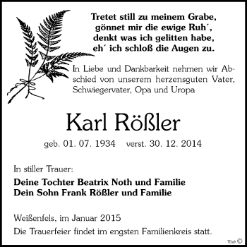 Traueranzeige von Karl Rößler von WVG - Wochenspiegel NMB / WSF / ZTZ
