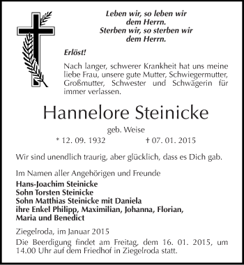 Traueranzeige von Hannelore Steinicke von Mitteldeutsche Zeitung Merseburg/Querfurt