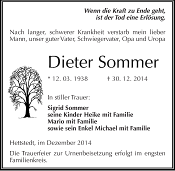 Traueranzeige von Dieter Sommer von Mitteldeutsche Zeitung Mansfelder Land
