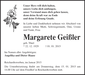 Traueranzeige von Margarete Geißler von WVG - Wochenspiegel NMB / WSF / ZTZ