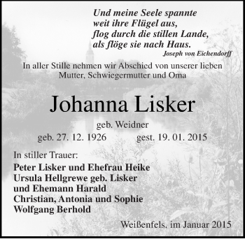 Traueranzeige von Johanna Lisker von Mitteldeutsche Zeitung Weißenfels