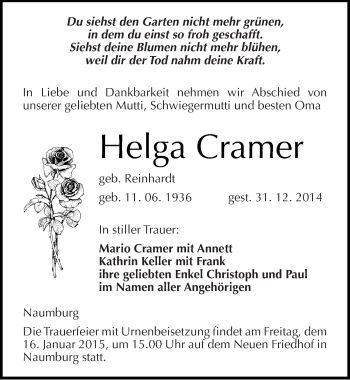 Traueranzeige von Helga Cramer von Mitteldeutsche Zeitung Naumburg/Nebra