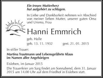 Traueranzeige von Hanni Emmrich von Mitteldeutsche Zeitung Mansfelder Land