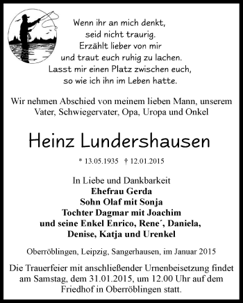 Traueranzeige von Heinz Lundershausen von Mitteldeutsche Zeitung Sangerhausen