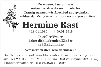 Traueranzeige von Hermine Rast von WVG - Wochenspiegel Dessau / Köthen