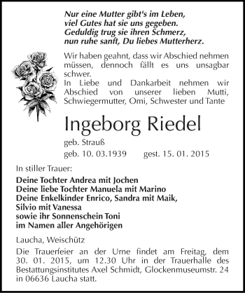 Traueranzeige von Ingeborg Riedel von Mitteldeutsche Zeitung Naumburg/Nebra