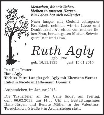 Traueranzeige von Ruth Agly von Super Sonntag Aschersleben