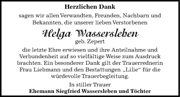 Traueranzeige von Helga Wassersleben von Mitteldeutsche Zeitung Dessau-Roßlau