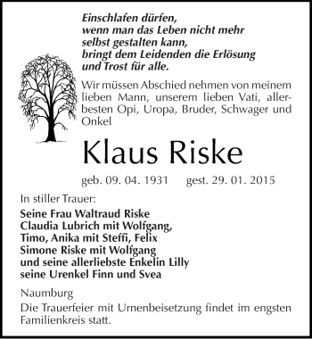 Traueranzeige von Klaus Riske von Mitteldeutsche Zeitung Naumburg/Nebra